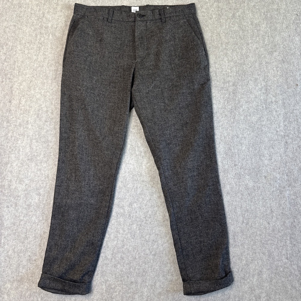 GAP Slim Tapered Cuff Pants Mens 33x30 Brown Herringbone Wool Blend Nova Fides